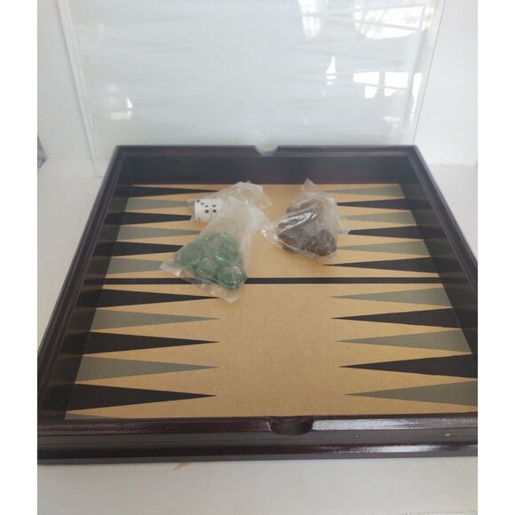 Vintage Wooden Backgammon Game with Glass overlay & Glass Pieces 1970's - Picture 9 of 13